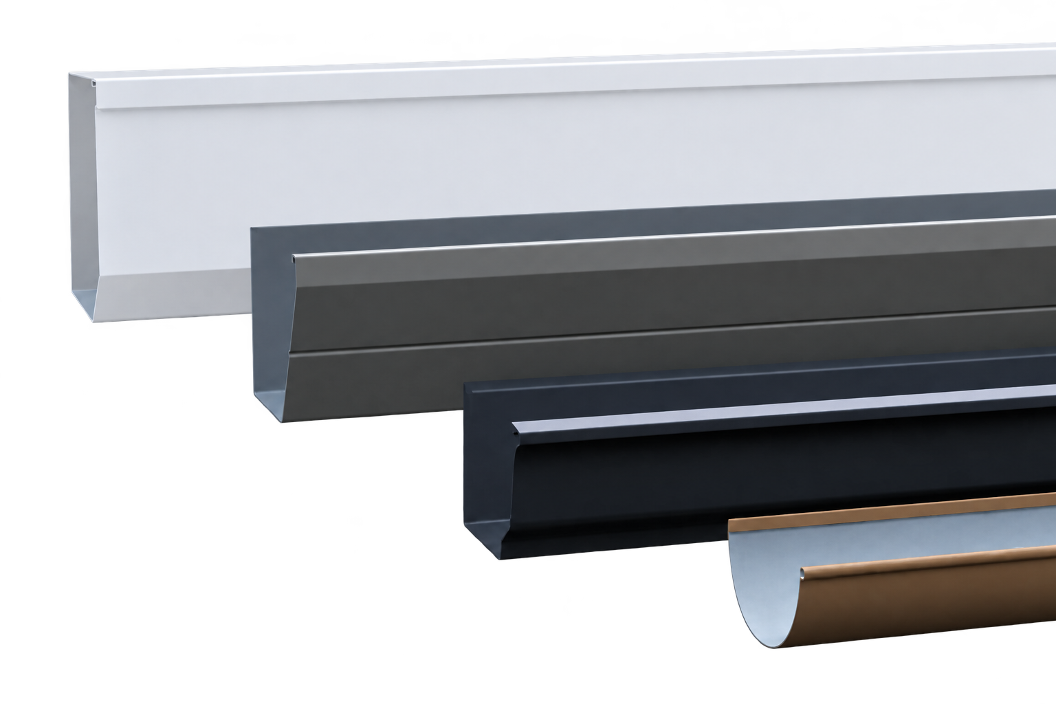 Seamless gutter profiles in white, dark gray, black, and bronze colors
